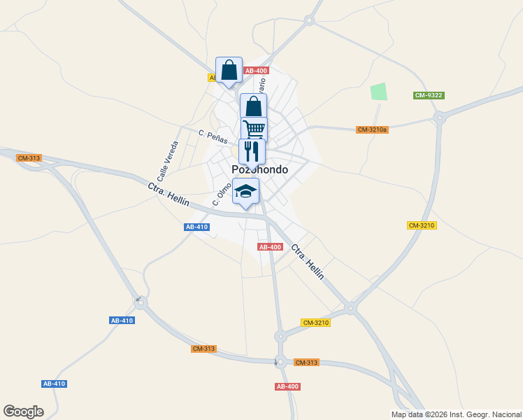 map of restaurants, bars, coffee shops, grocery stores, and more near 26 Avenida Mancha in Pozohondo