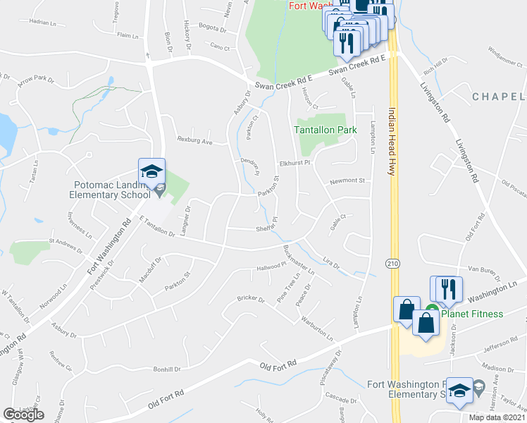 map of restaurants, bars, coffee shops, grocery stores, and more near 12404 Lundale Court in Fort Washington