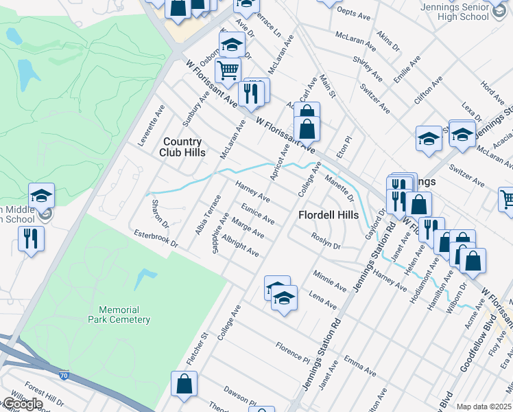 map of restaurants, bars, coffee shops, grocery stores, and more near 5635 Apricot Avenue in Jennings