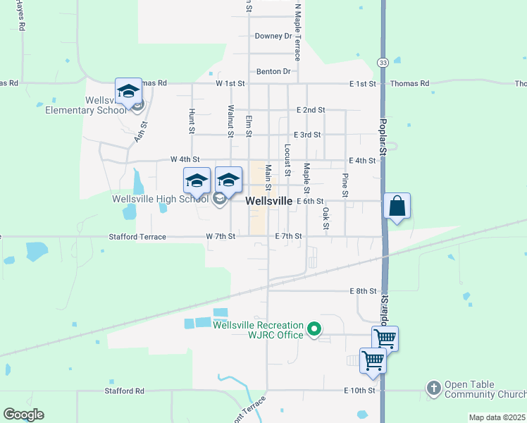 map of restaurants, bars, coffee shops, grocery stores, and more near 614 Main Street in Wellsville