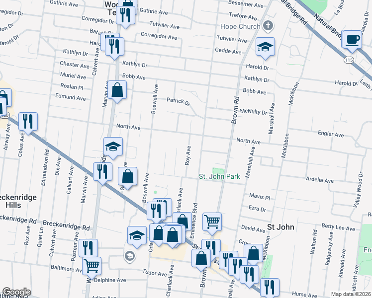 map of restaurants, bars, coffee shops, grocery stores, and more near 3559 Roy Avenue in St. Louis