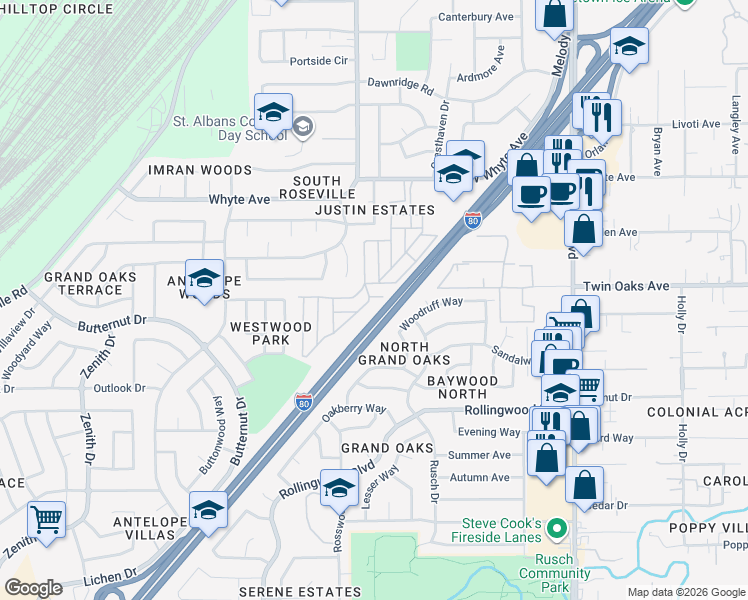 map of restaurants, bars, coffee shops, grocery stores, and more near 57 Poett Place in Citrus Heights
