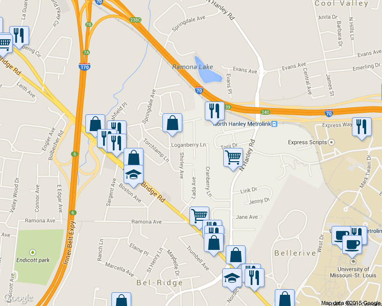 map of restaurants, bars, coffee shops, grocery stores, and more near 4015 Appleberry Ln in St Louis