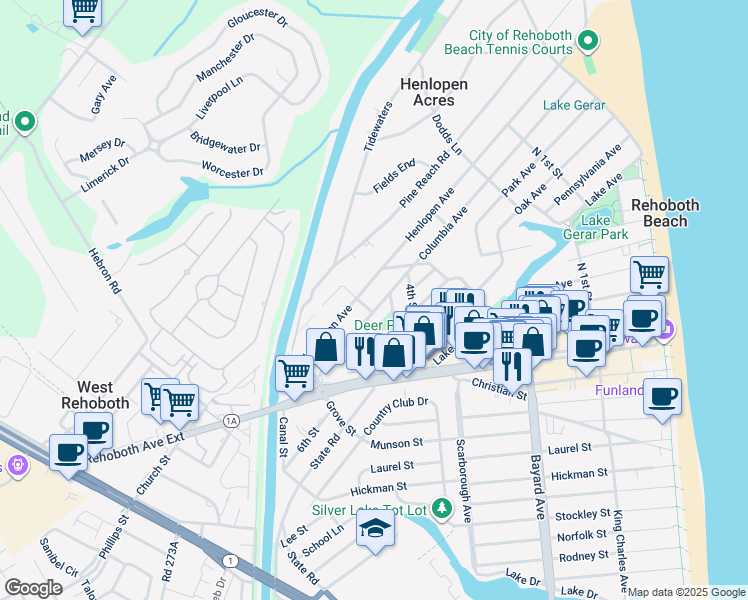 map of restaurants, bars, coffee shops, grocery stores, and more near 135 Columbia Avenue in Rehoboth Beach