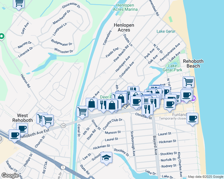 map of restaurants, bars, coffee shops, grocery stores, and more near 11 4th Street in Rehoboth Beach