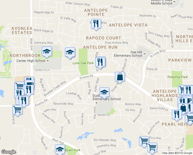 map of restaurants, bars, coffee shops, grocery stores, and more near 3517 Black Elk Court in Antelope
