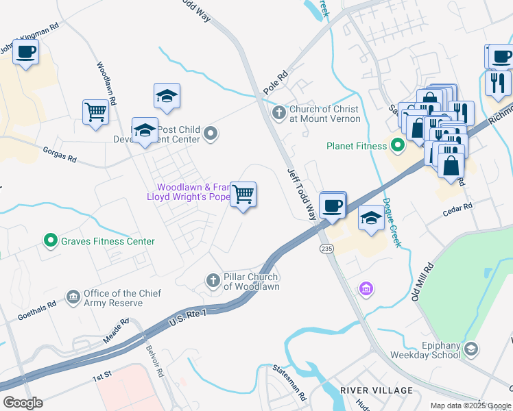map of restaurants, bars, coffee shops, grocery stores, and more near 8900 Richmond Highway in Alexandria