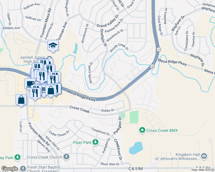 map of restaurants, bars, coffee shops, grocery stores, and more near 8074 Pinfeather Drive in Colorado Springs