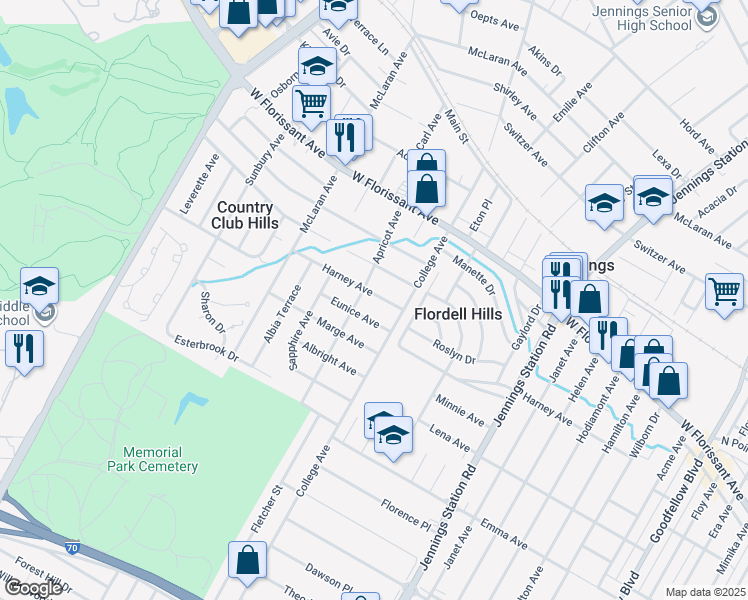 map of restaurants, bars, coffee shops, grocery stores, and more near 5635 Apricot Avenue in Jennings
