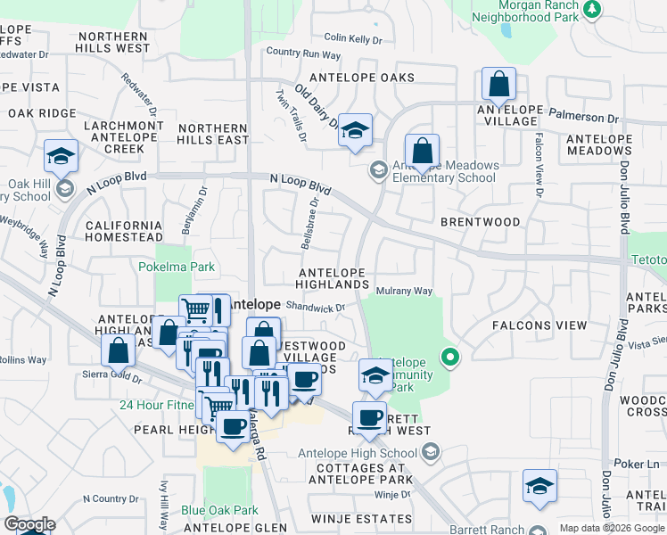 map of restaurants, bars, coffee shops, grocery stores, and more near 8209 Rockbury Way in Antelope