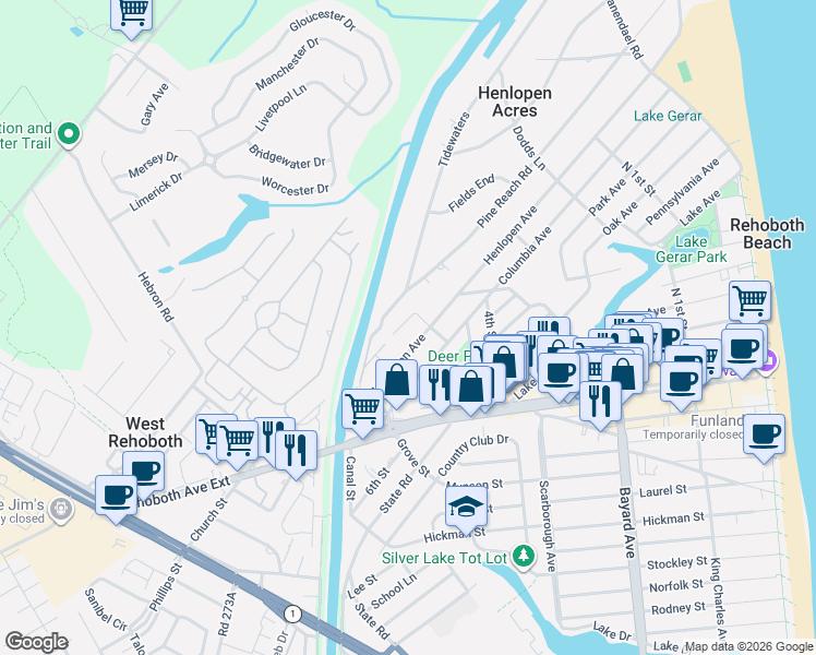 map of restaurants, bars, coffee shops, grocery stores, and more near 6 Saint Michael's Place in Rehoboth Beach