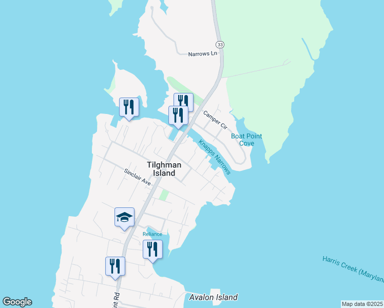 map of restaurants, bars, coffee shops, grocery stores, and more near 21548 Chicken Point Road in Tilghman Island