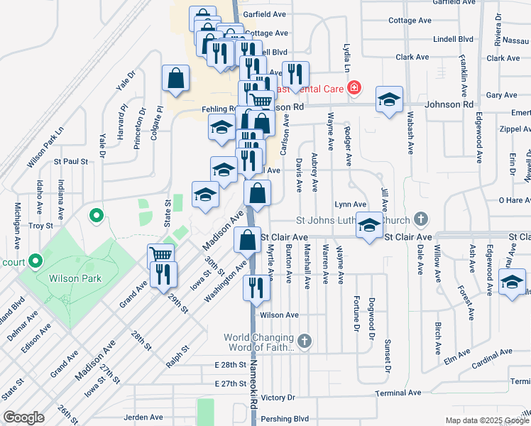 map of restaurants, bars, coffee shops, grocery stores, and more near 3125 Myrtle Avenue in Granite City