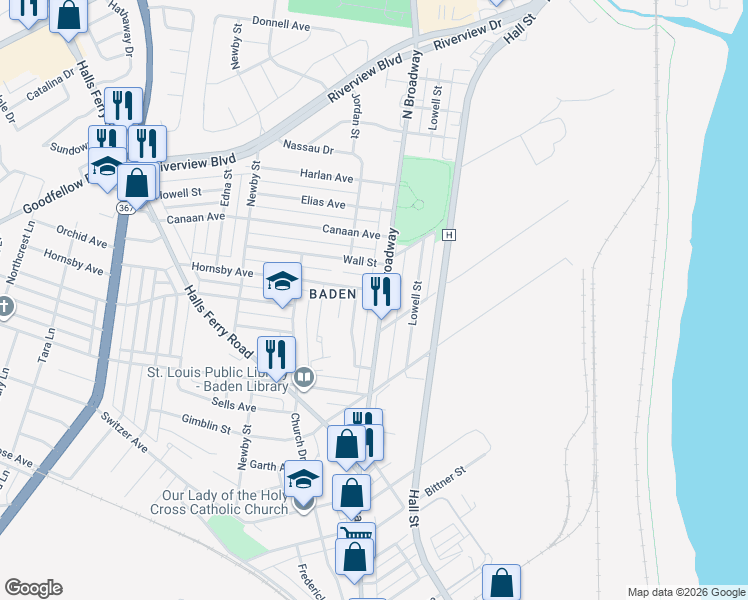 map of restaurants, bars, coffee shops, grocery stores, and more near 8533 North Broadway in St. Louis