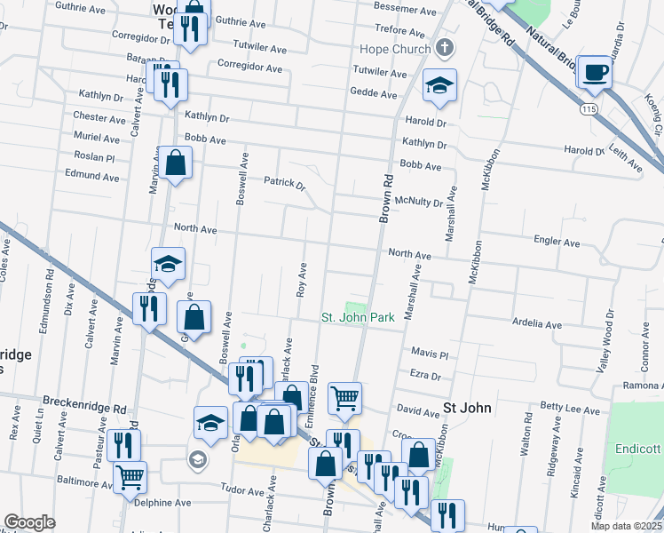 map of restaurants, bars, coffee shops, grocery stores, and more near 8921 Rosemore Place in St. Louis