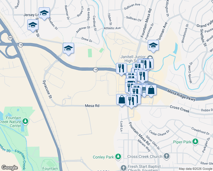 map of restaurants, bars, coffee shops, grocery stores, and more near 6519 Sweet Home Grove in Fountain