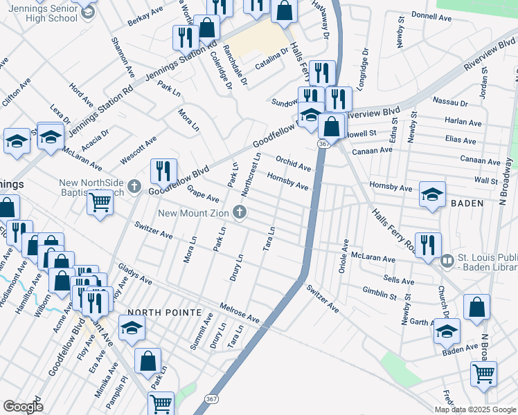map of restaurants, bars, coffee shops, grocery stores, and more near 1627 Grape Avenue in St. Louis