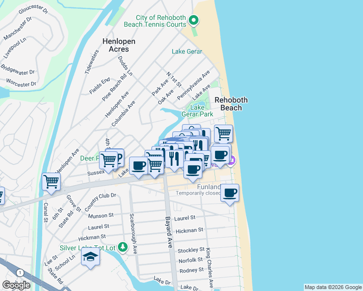 map of restaurants, bars, coffee shops, grocery stores, and more near 47 Maryland Avenue in Rehoboth Beach