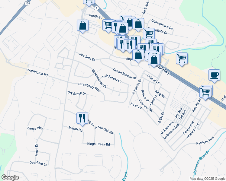 map of restaurants, bars, coffee shops, grocery stores, and more near Cedar Knob Court in Rehoboth Beach