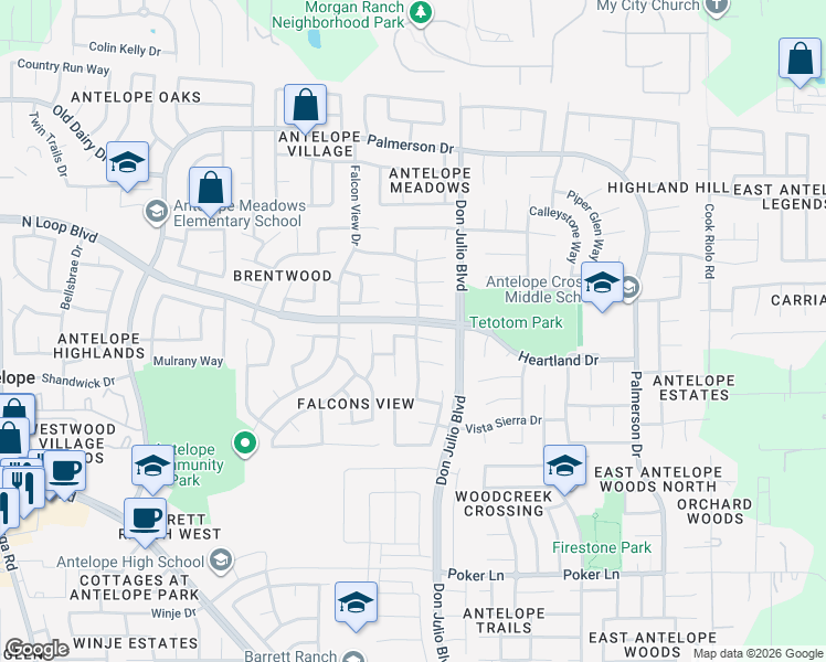 map of restaurants, bars, coffee shops, grocery stores, and more near 4949 Dillon Cross Way in Antelope