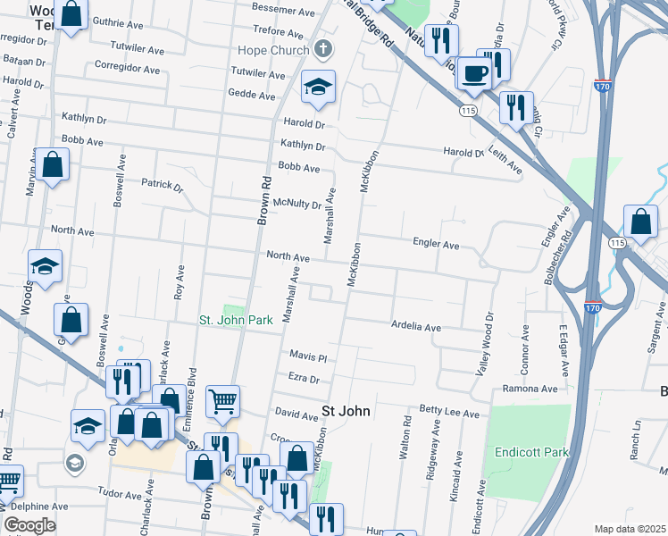map of restaurants, bars, coffee shops, grocery stores, and more near 8734 North Avenue in St. Louis