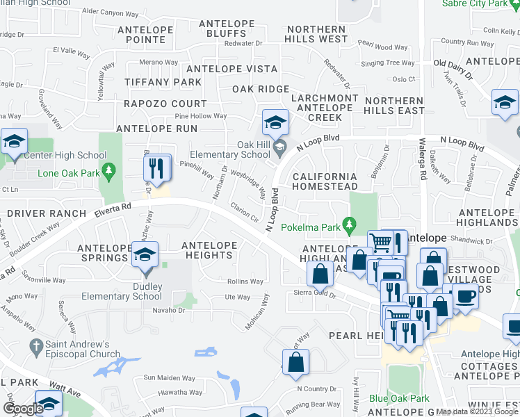 map of restaurants, bars, coffee shops, grocery stores, and more near 3828 Kilbridge Court in Antelope