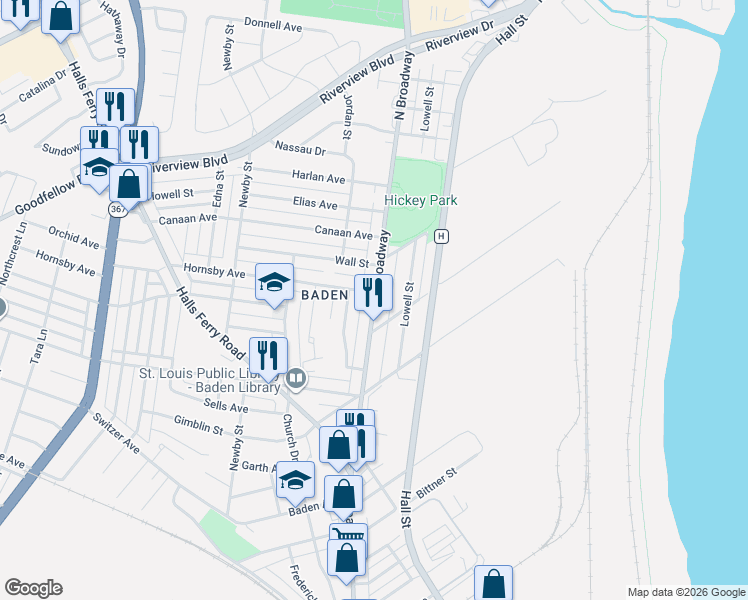 map of restaurants, bars, coffee shops, grocery stores, and more near 8533 North Broadway in St. Louis