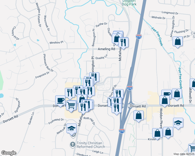 map of restaurants, bars, coffee shops, grocery stores, and more near 12349 Bronco Hill Drive in Maryland Heights