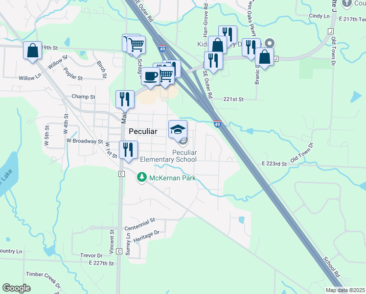 map of restaurants, bars, coffee shops, grocery stores, and more near 201 East 3rd Street in Peculiar