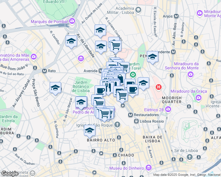 map of restaurants, bars, coffee shops, grocery stores, and more near 85 Avenida da Liberdade in Lisboa