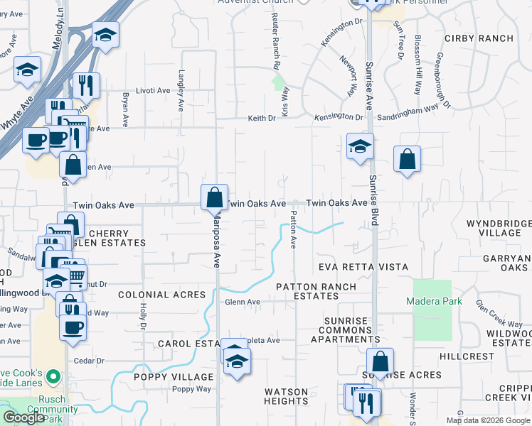 map of restaurants, bars, coffee shops, grocery stores, and more near 7770 Twin Oaks Avenue in Citrus Heights