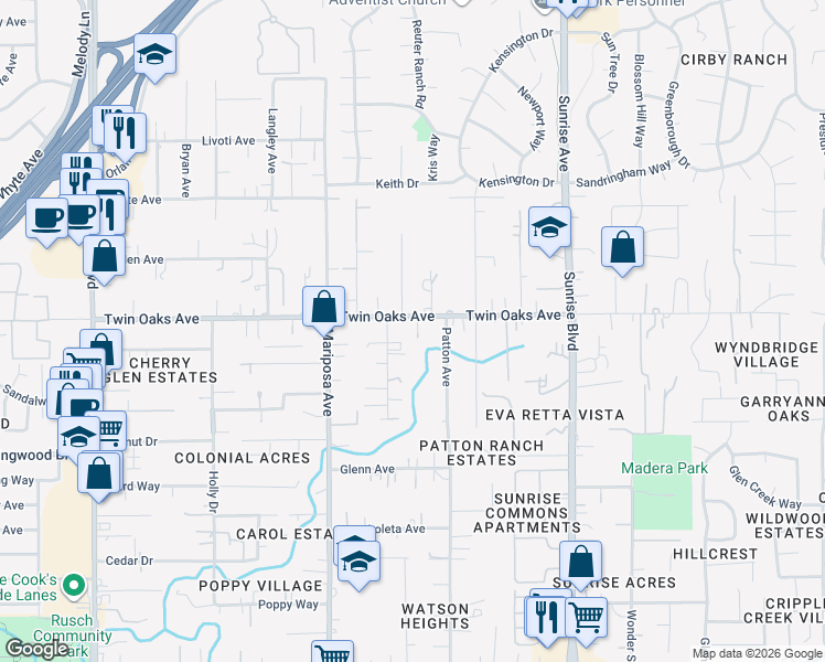 map of restaurants, bars, coffee shops, grocery stores, and more near 7770 Twin Oaks Avenue in Citrus Heights
