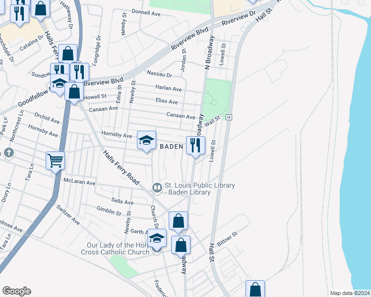 map of restaurants, bars, coffee shops, grocery stores, and more near 8540 Concord Place in St. Louis
