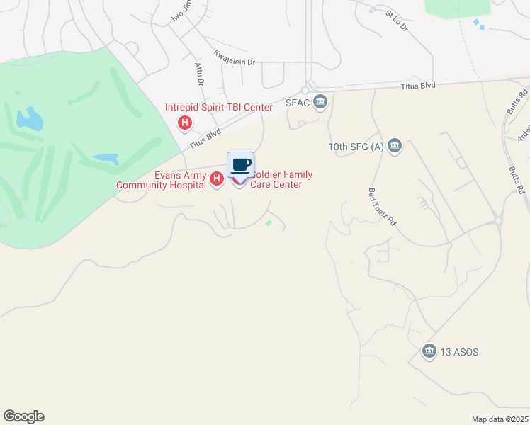 map of restaurants, bars, coffee shops, grocery stores, and more near Cochrane Circle in Fort Carson