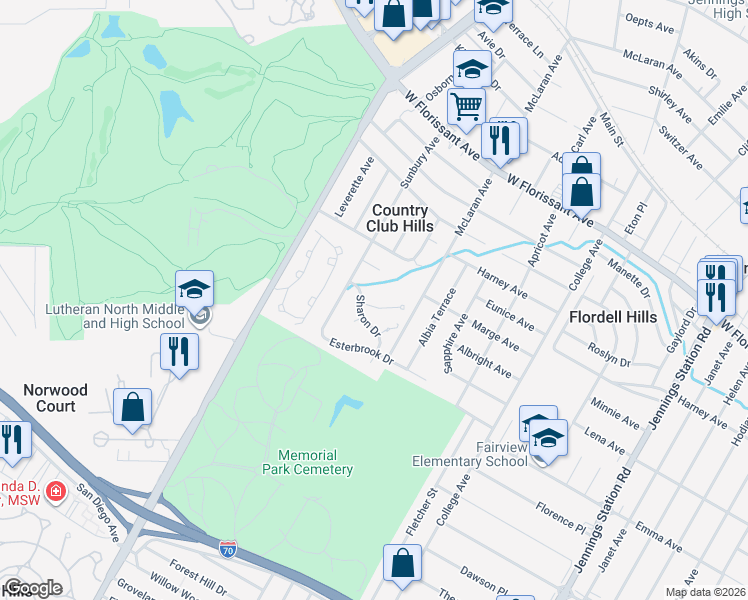map of restaurants, bars, coffee shops, grocery stores, and more near 7429 Greenport Drive in St. Louis
