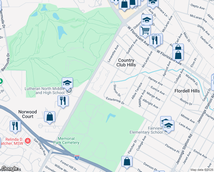 map of restaurants, bars, coffee shops, grocery stores, and more near 5537 Sunbury Avenue in St. Louis