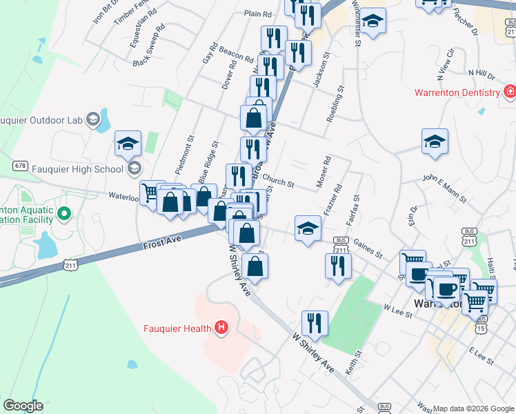 map of restaurants, bars, coffee shops, grocery stores, and more near 35 Broadview Avenue in Warrenton