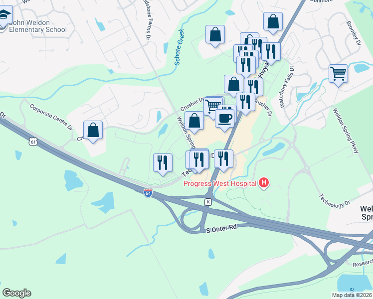 map of restaurants, bars, coffee shops, grocery stores, and more near 1000 Watermark Drive in O'Fallon