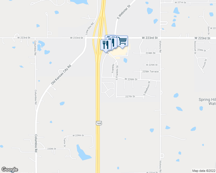 map of restaurants, bars, coffee shops, grocery stores, and more near 22650 North Harrison Street in Spring Hill