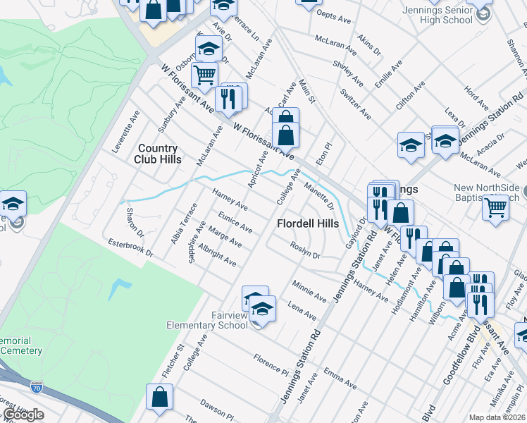map of restaurants, bars, coffee shops, grocery stores, and more near 7207 Harney Avenue in Jennings