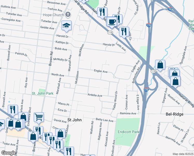 map of restaurants, bars, coffee shops, grocery stores, and more near 8623 North Avenue in St. Louis