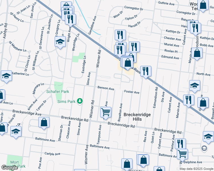 map of restaurants, bars, coffee shops, grocery stores, and more near 9809 Benson Avenue in Breckenridge Hills