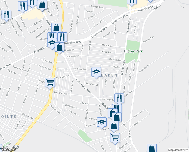 map of restaurants, bars, coffee shops, grocery stores, and more near 1023 Veronica Avenue in St. Louis
