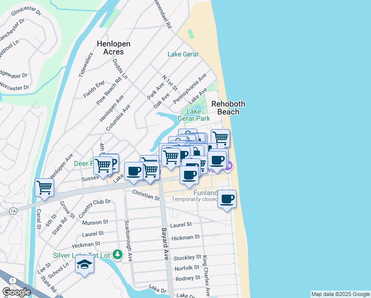 map of restaurants, bars, coffee shops, grocery stores, and more near 33 Maryland Avenue in Rehoboth Beach
