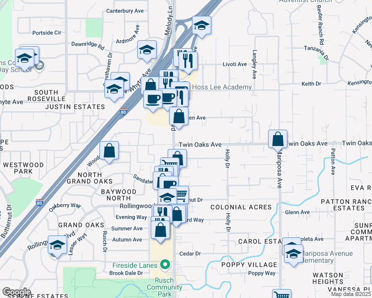 map of restaurants, bars, coffee shops, grocery stores, and more near 8350 Auburn Boulevard in Citrus Heights