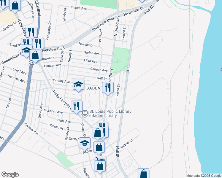 map of restaurants, bars, coffee shops, grocery stores, and more near 8534 North Broadway in St. Louis