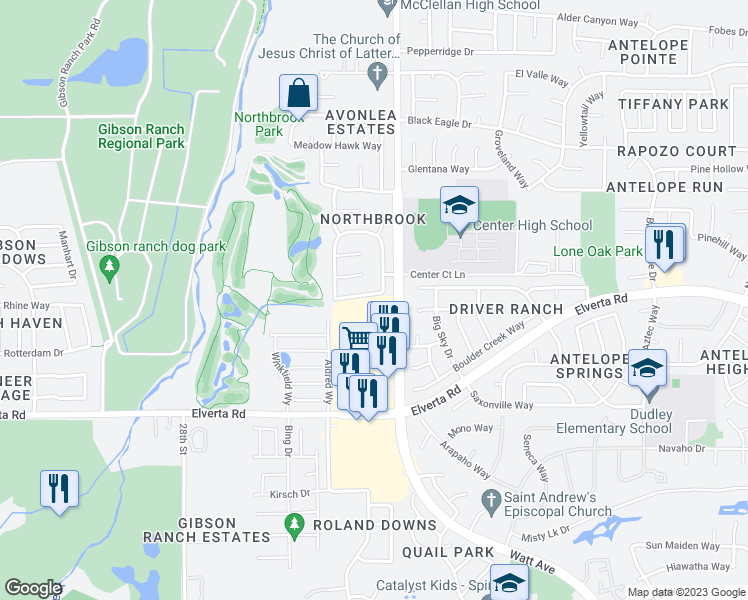 map of restaurants, bars, coffee shops, grocery stores, and more near 8127 Orchid Tree Way in Antelope