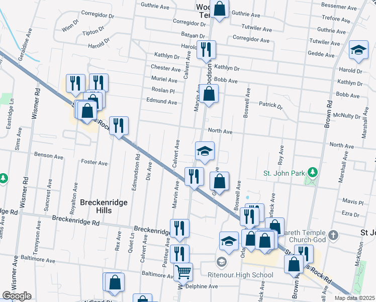 map of restaurants, bars, coffee shops, grocery stores, and more near 9309 Shirley Gardens 4 Fam Drive in St. Louis