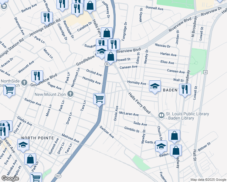 map of restaurants, bars, coffee shops, grocery stores, and more near 1431 Veronica Avenue in St. Louis