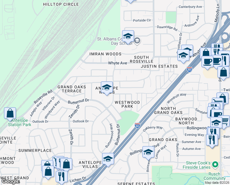 map of restaurants, bars, coffee shops, grocery stores, and more near 8352 Lichen Drive in Citrus Heights